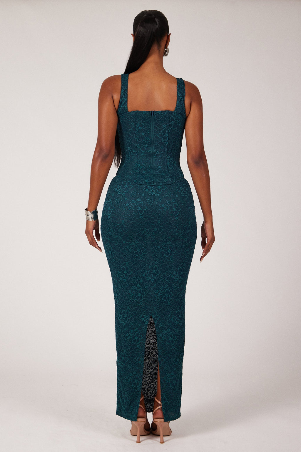 The Cinched Lace Maxi Skirt in Teal