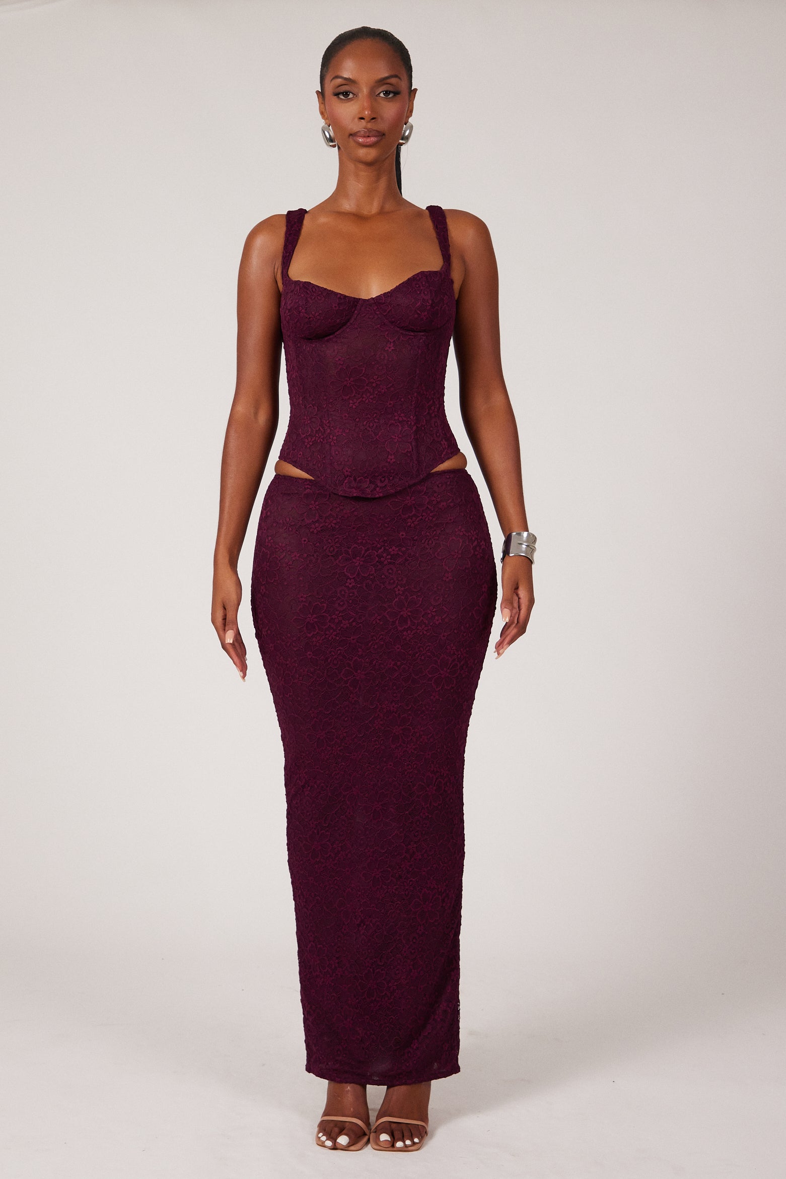 The Cinched Lace Maxi Skirt in Plum