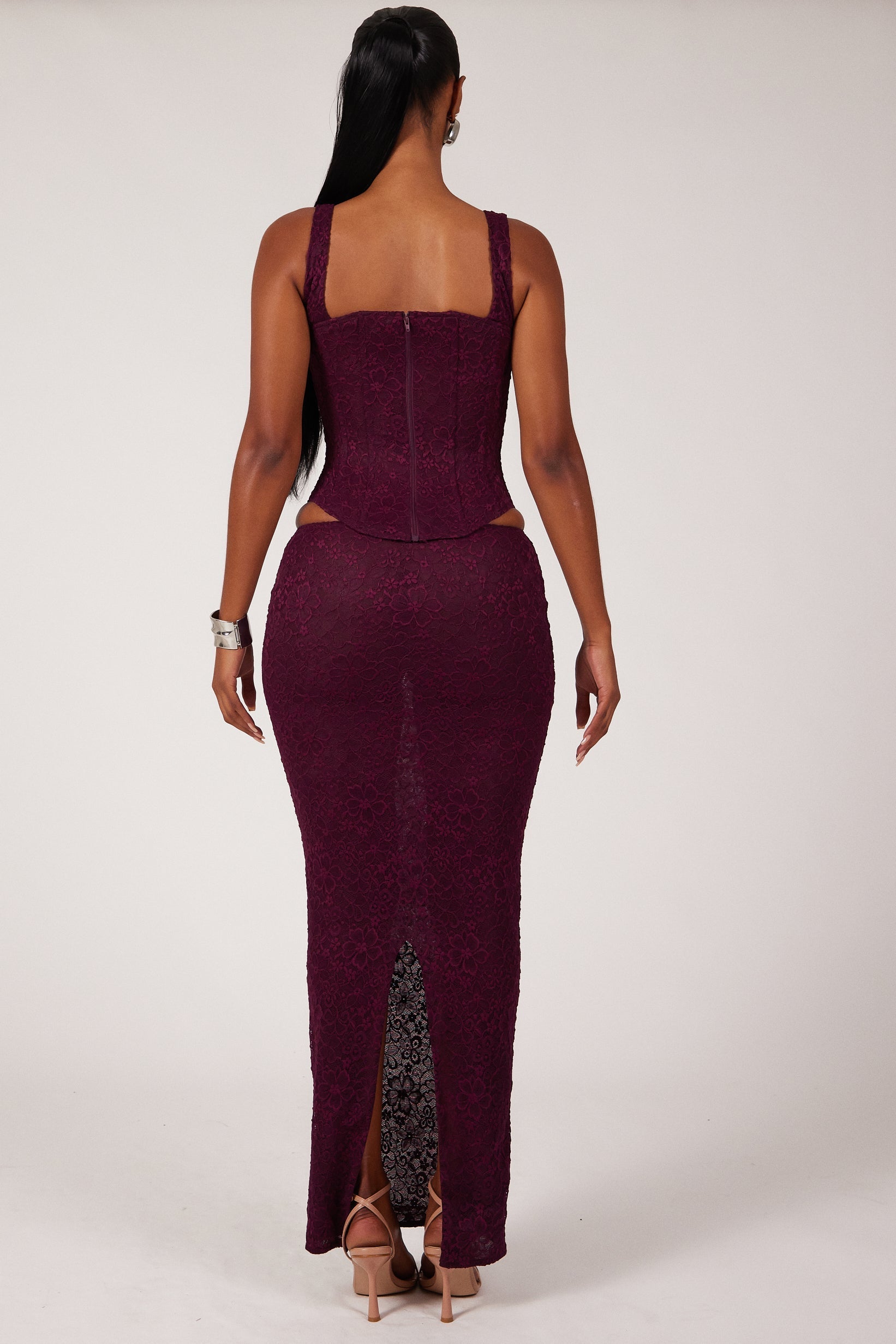 The Cinched Lace Maxi Skirt in Plum