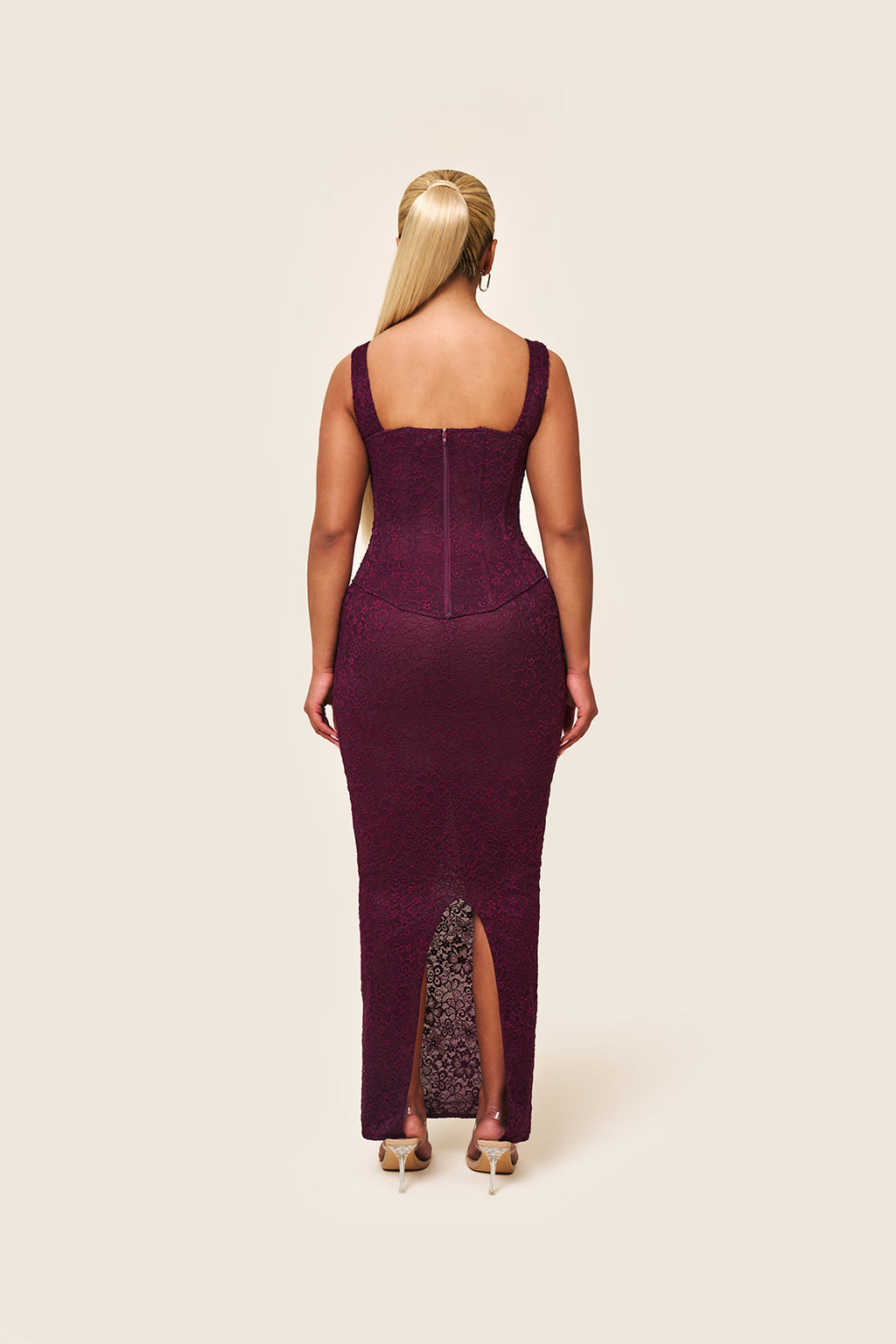 The Cinched Lace Maxi Skirt in Plum