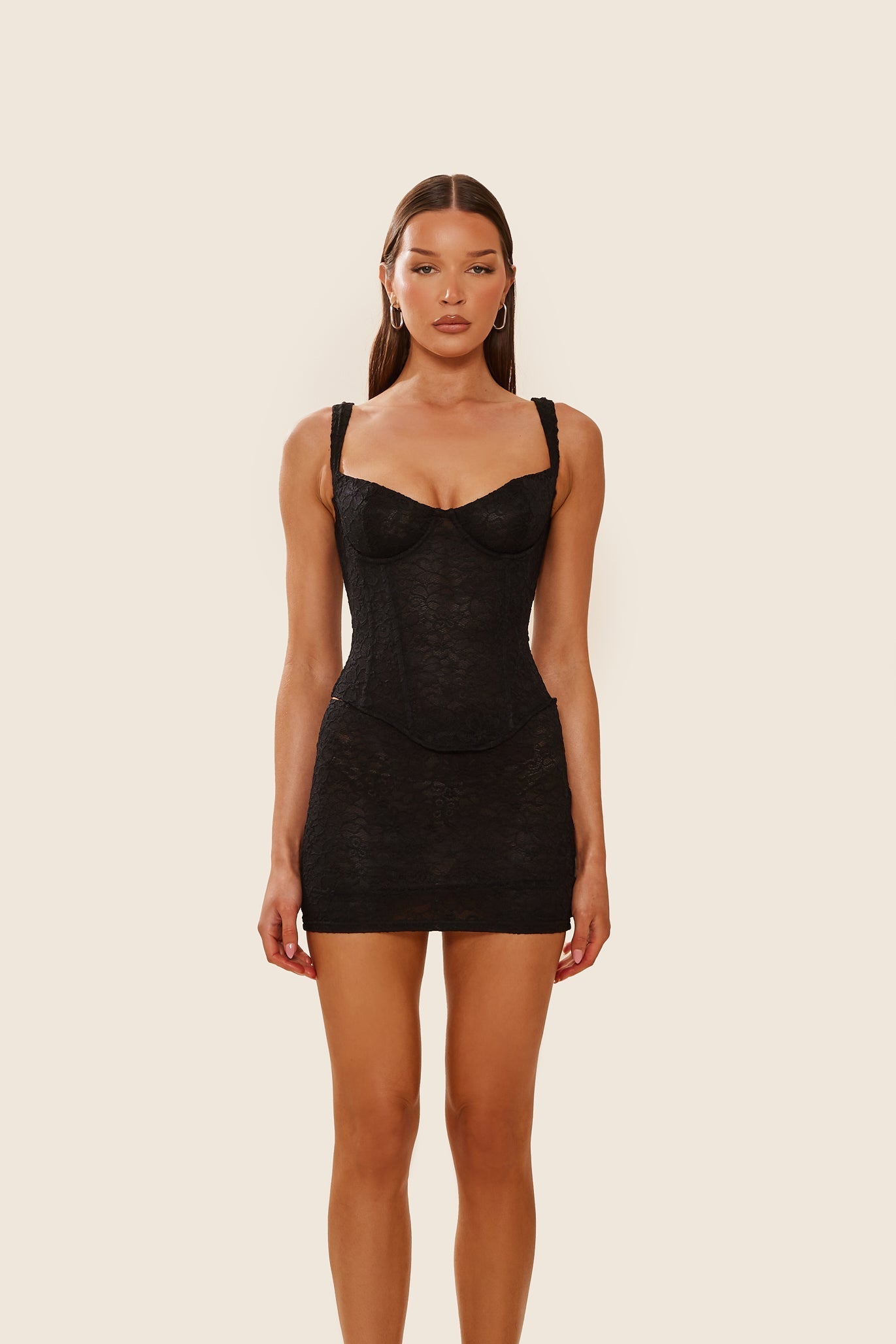 The Cinched Lace Mini Skirt in Black