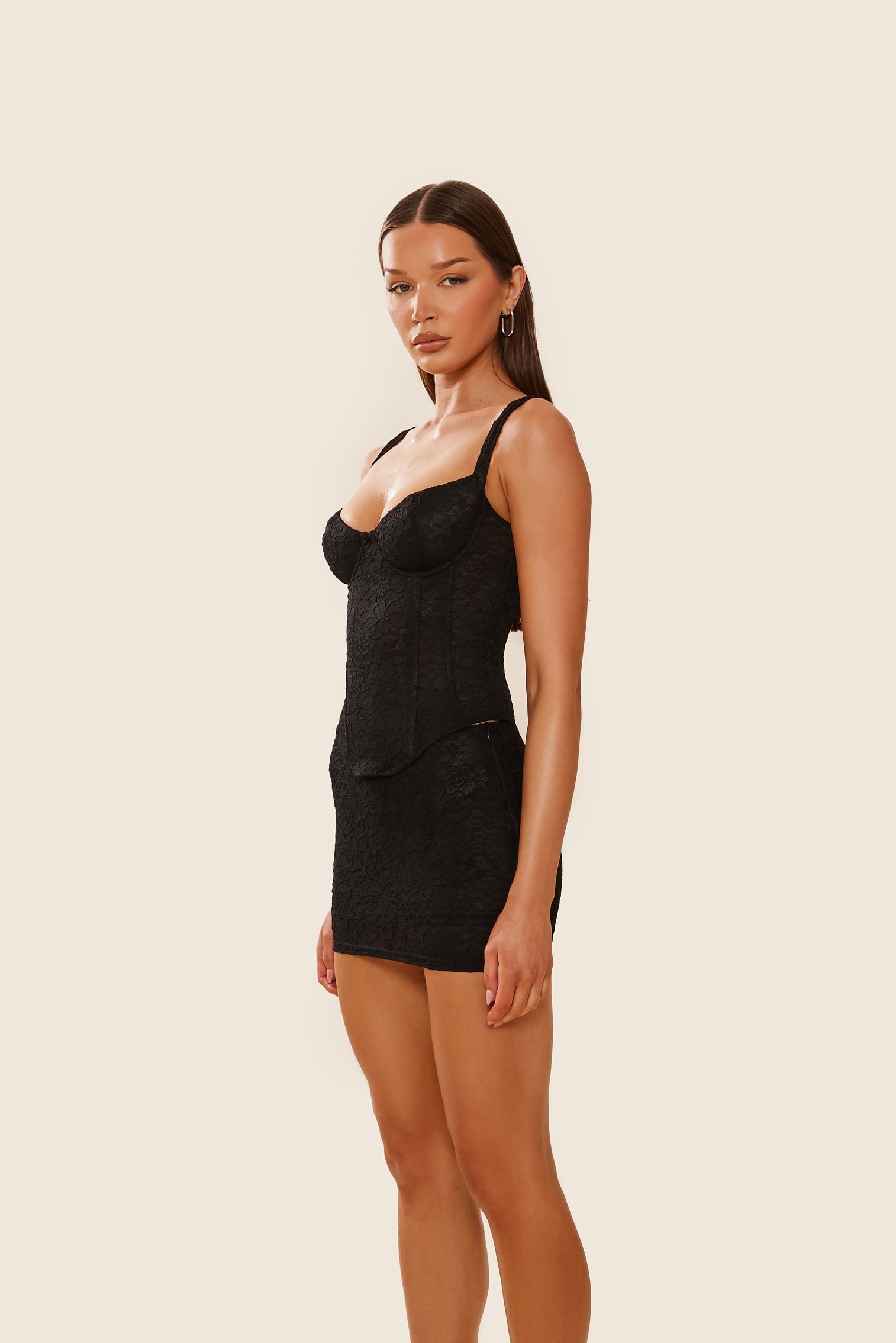 The Cinched Lace Mini Skirt in Black