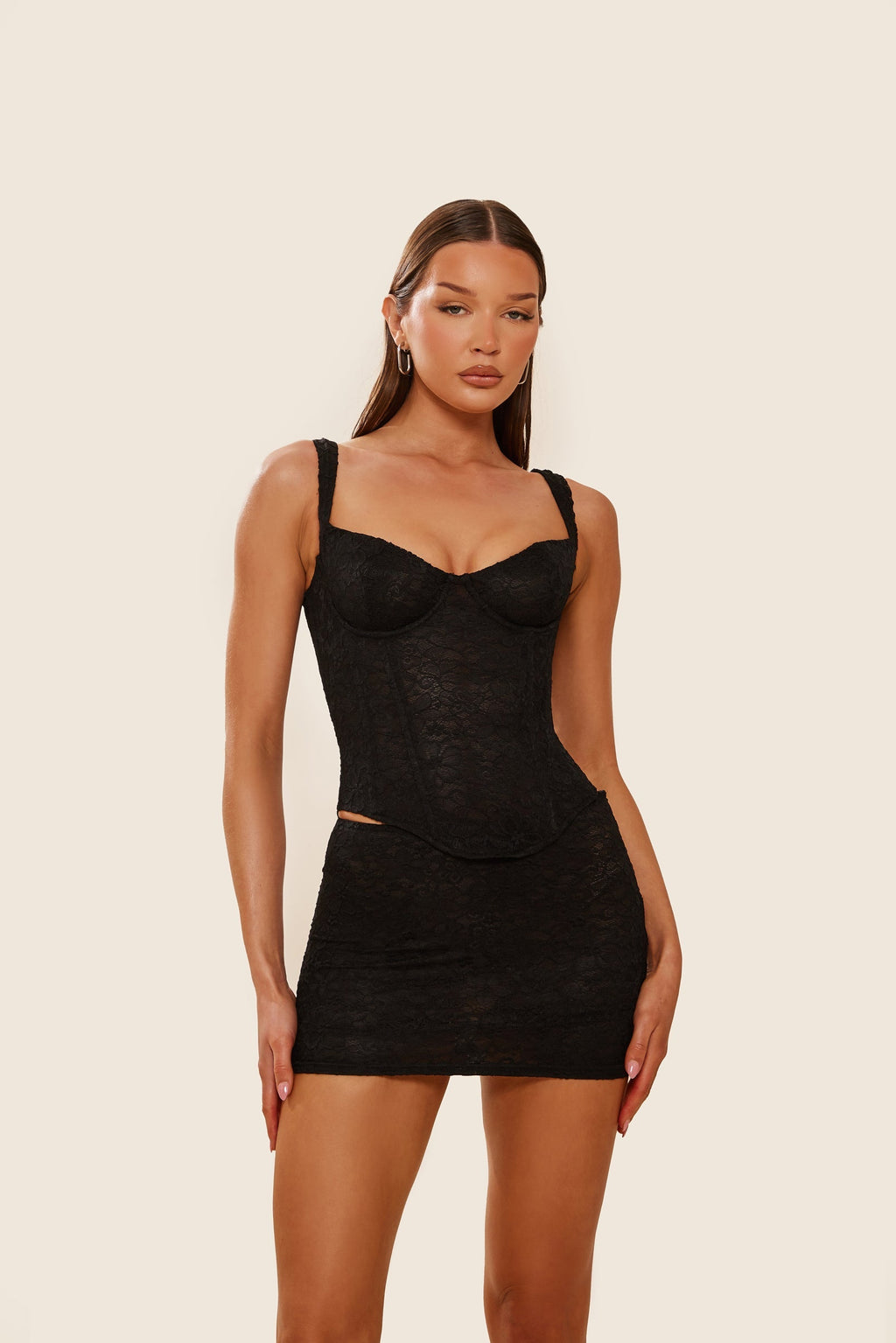 The Cinched Lace Mini Skirt in Black
