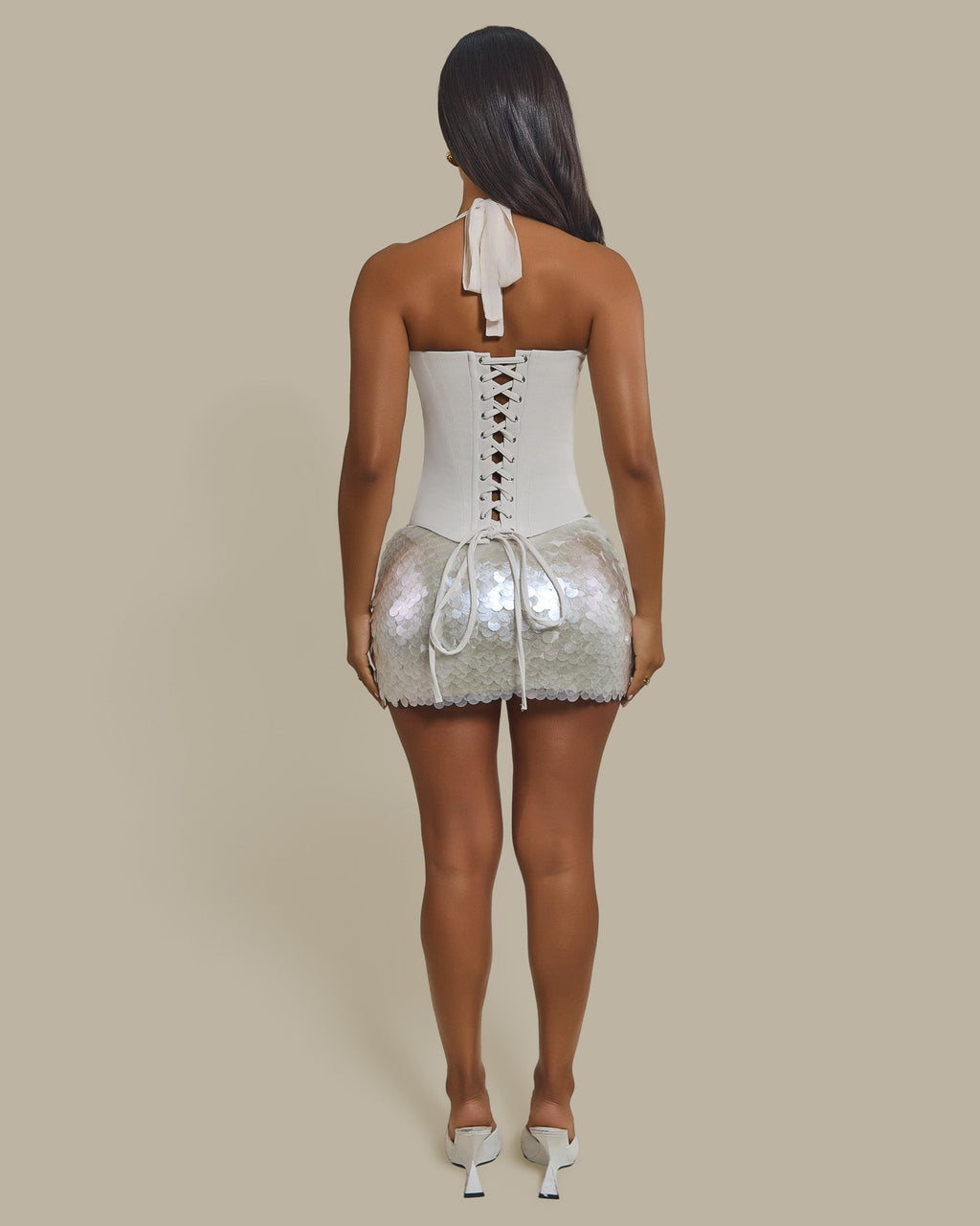 The Shimmi Sequin Micro Mini Skirt in Cream Pearl