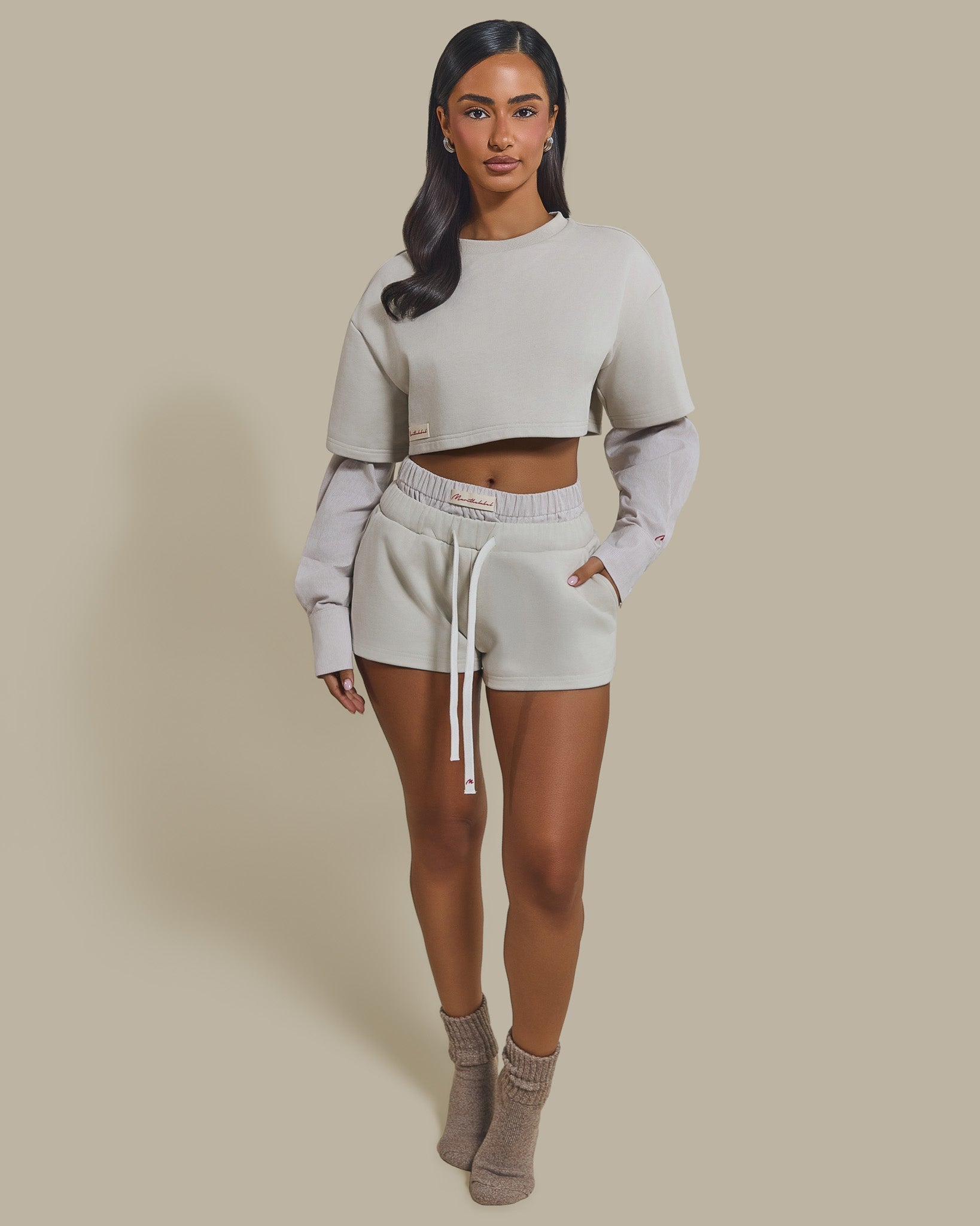The Cropped Long Sleeve Top in Beige