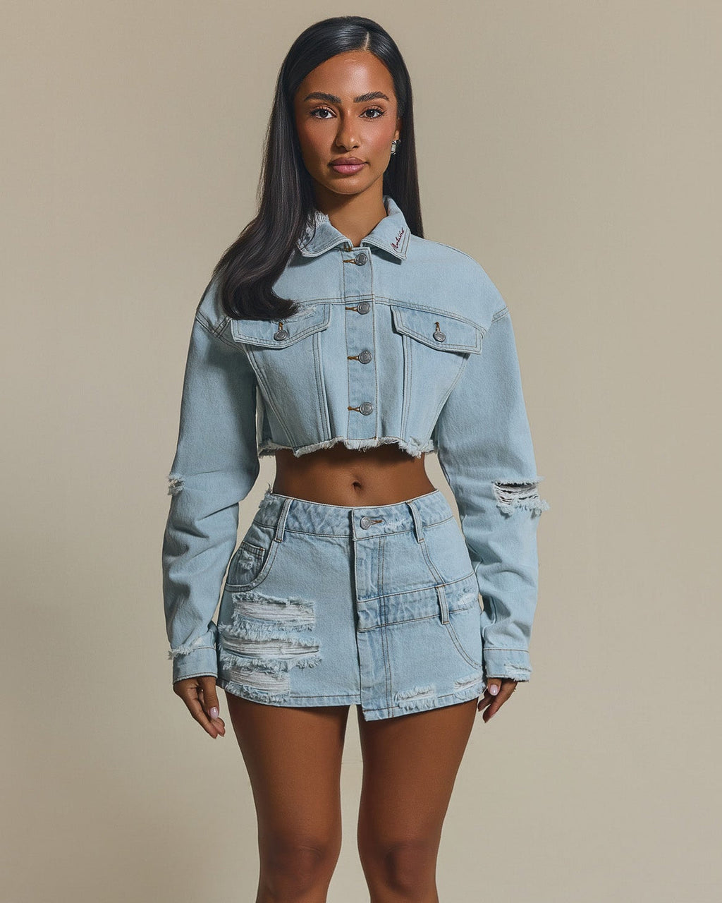 The Esha Cropped Denim Jacket in Light Wash Blue