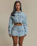 The Esha Cropped Denim Jacket in Light Wash Blue
