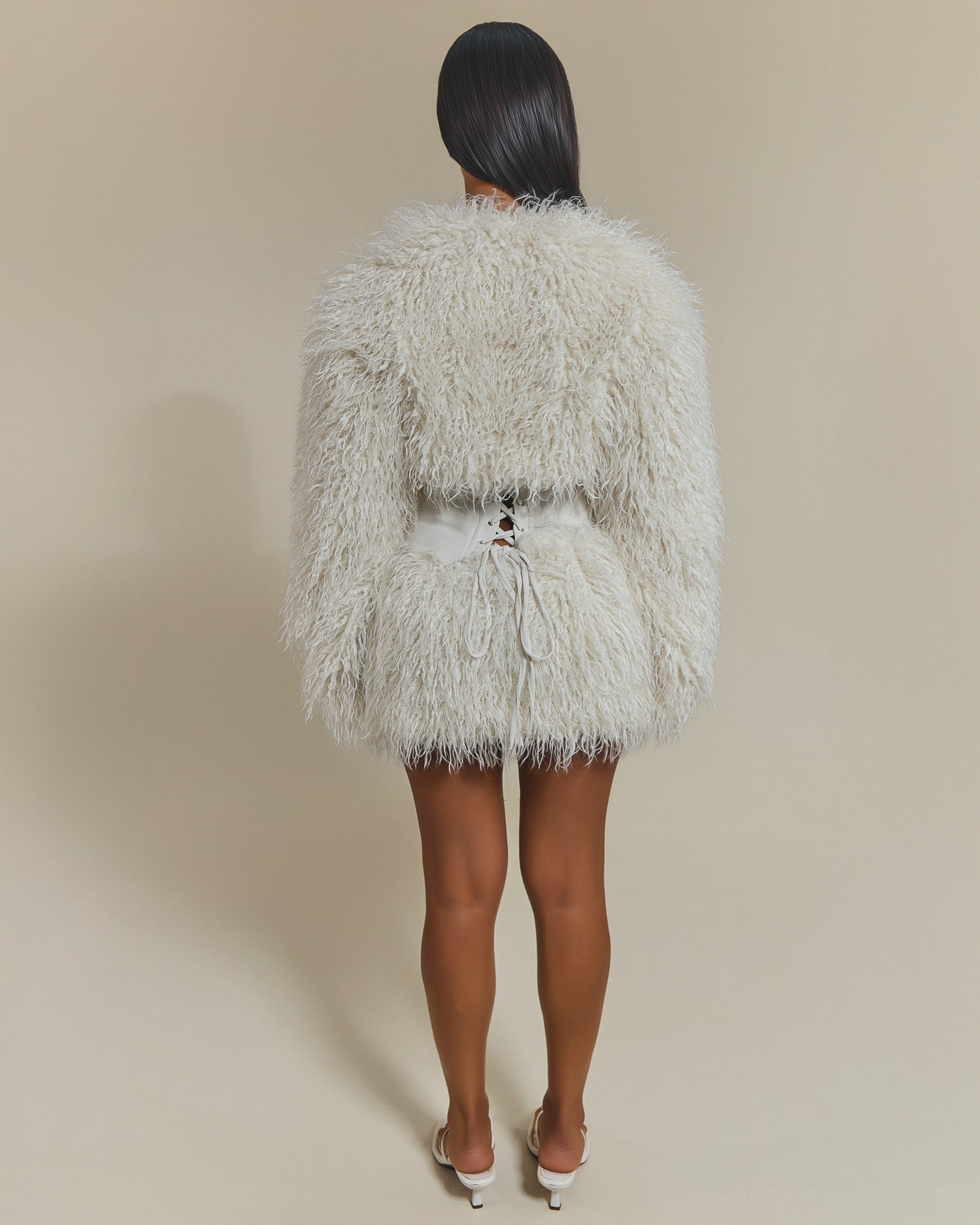 The Sabrine Fur Shrug and Mini Skirt Set in Cream