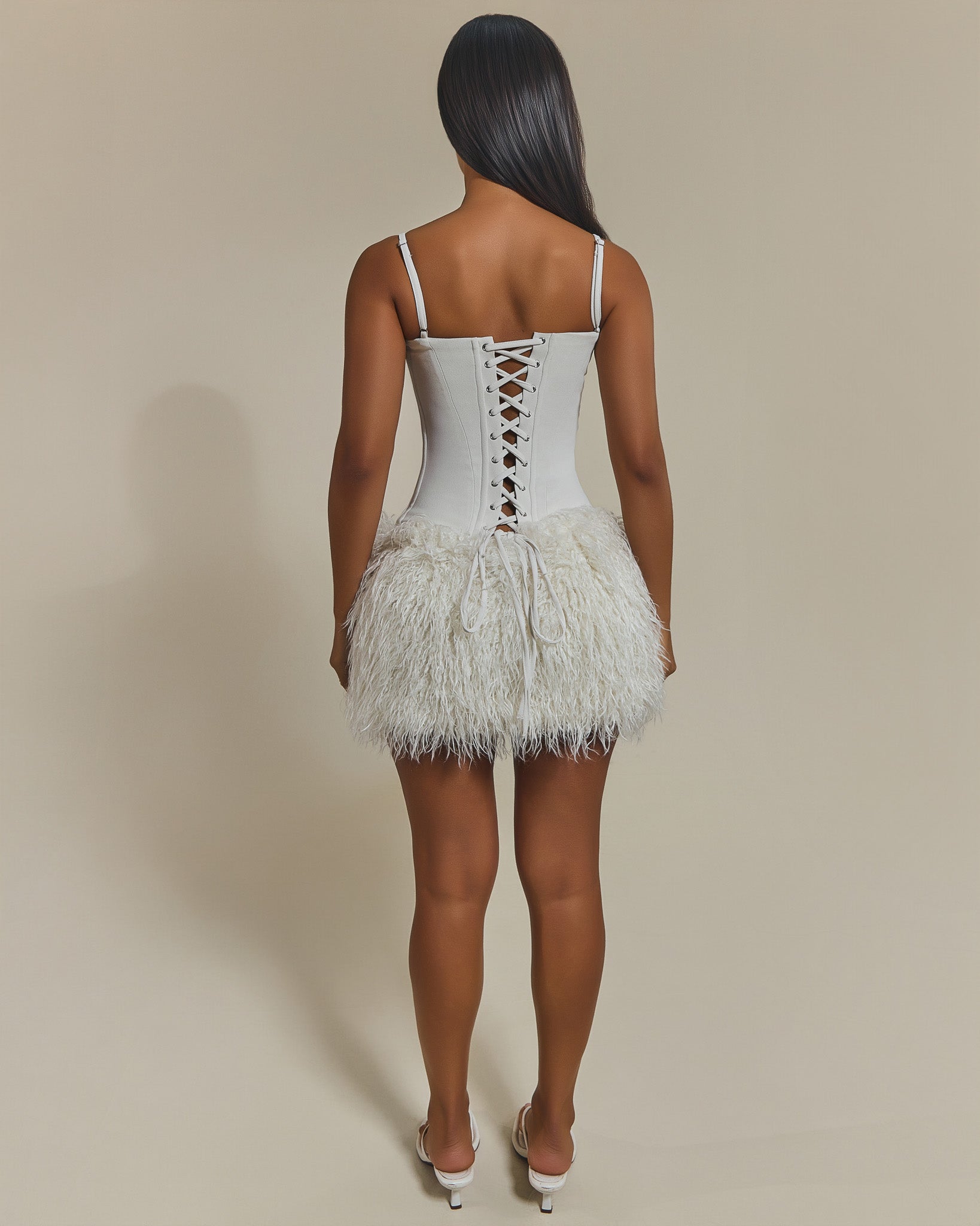 The Sabrine Fur Shrug and Mini Skirt Set in Cream
