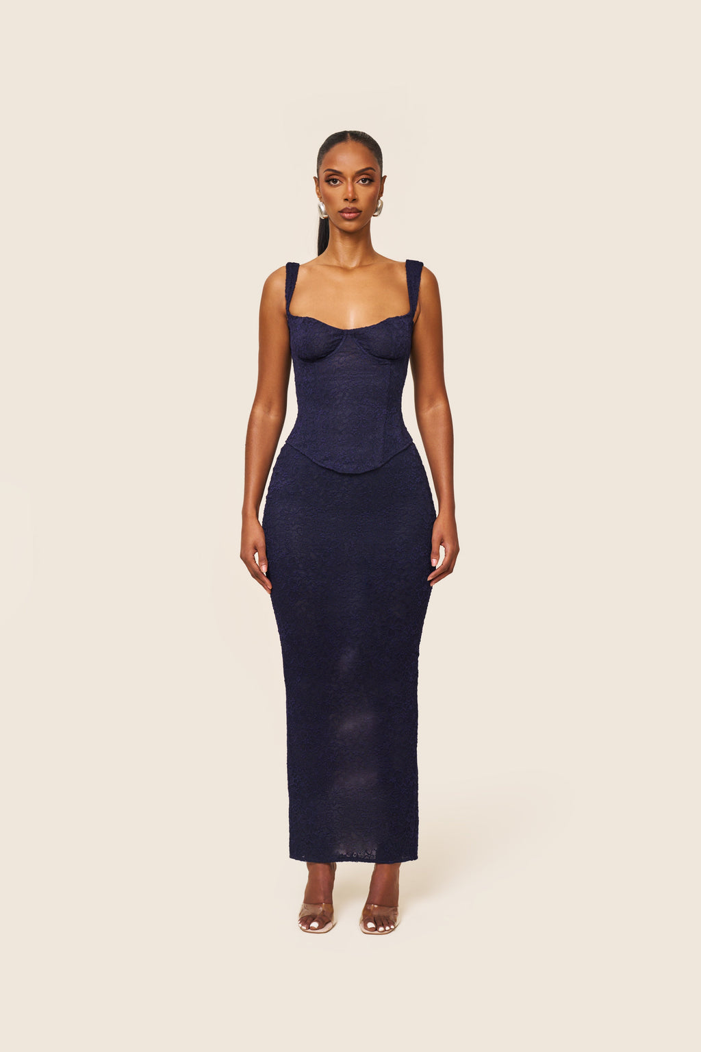 The Cinched Lace Maxi Skirt in Navy