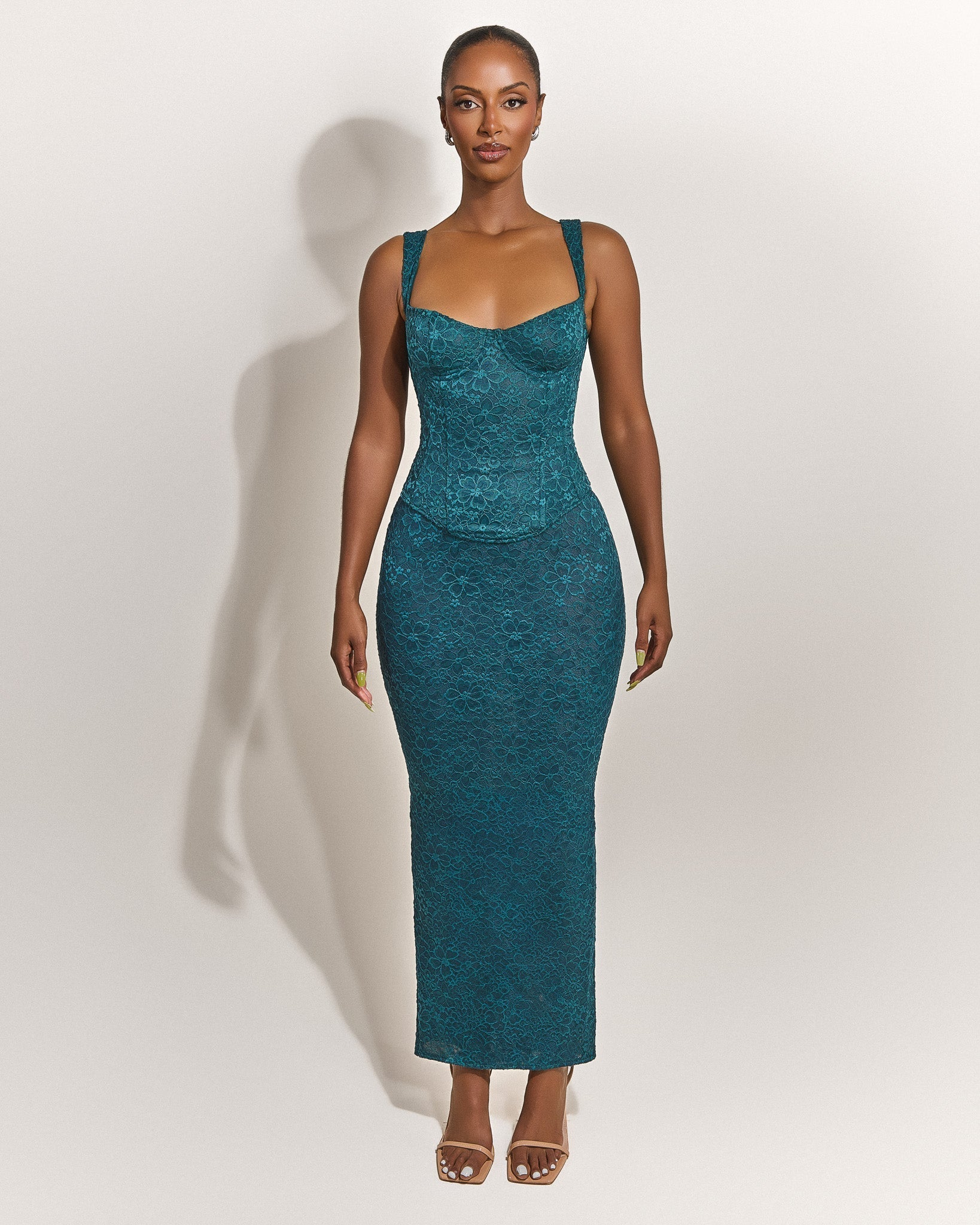 The Cinched Lace Maxi Skirt in Teal