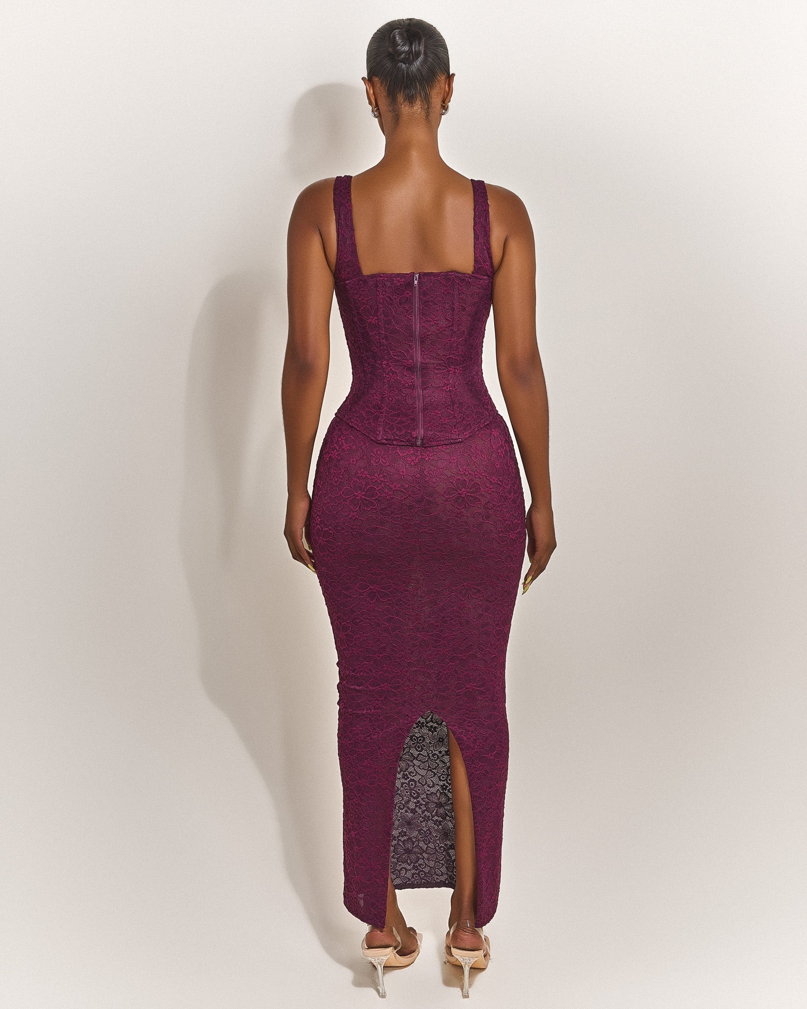 The Cinched Lace Maxi Skirt in Plum
