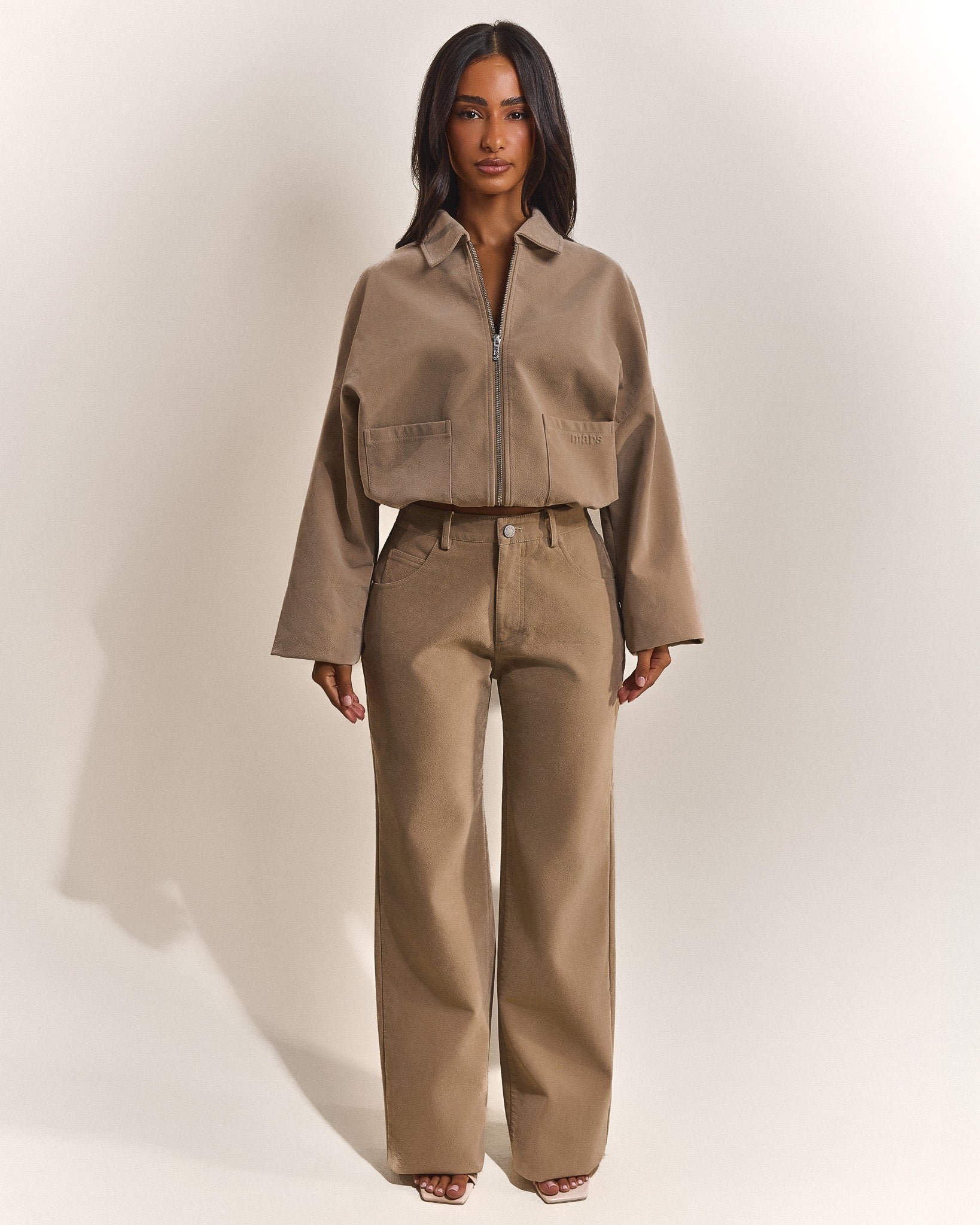 The Isla Faux Suede Cropped Jacket in Beige