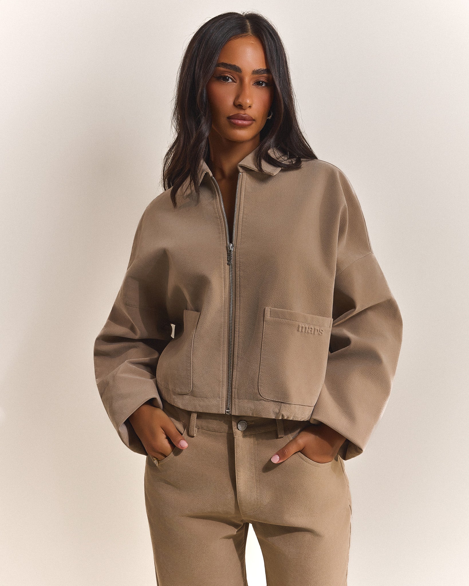 The Isla Faux Suede Cropped Jacket in Beige