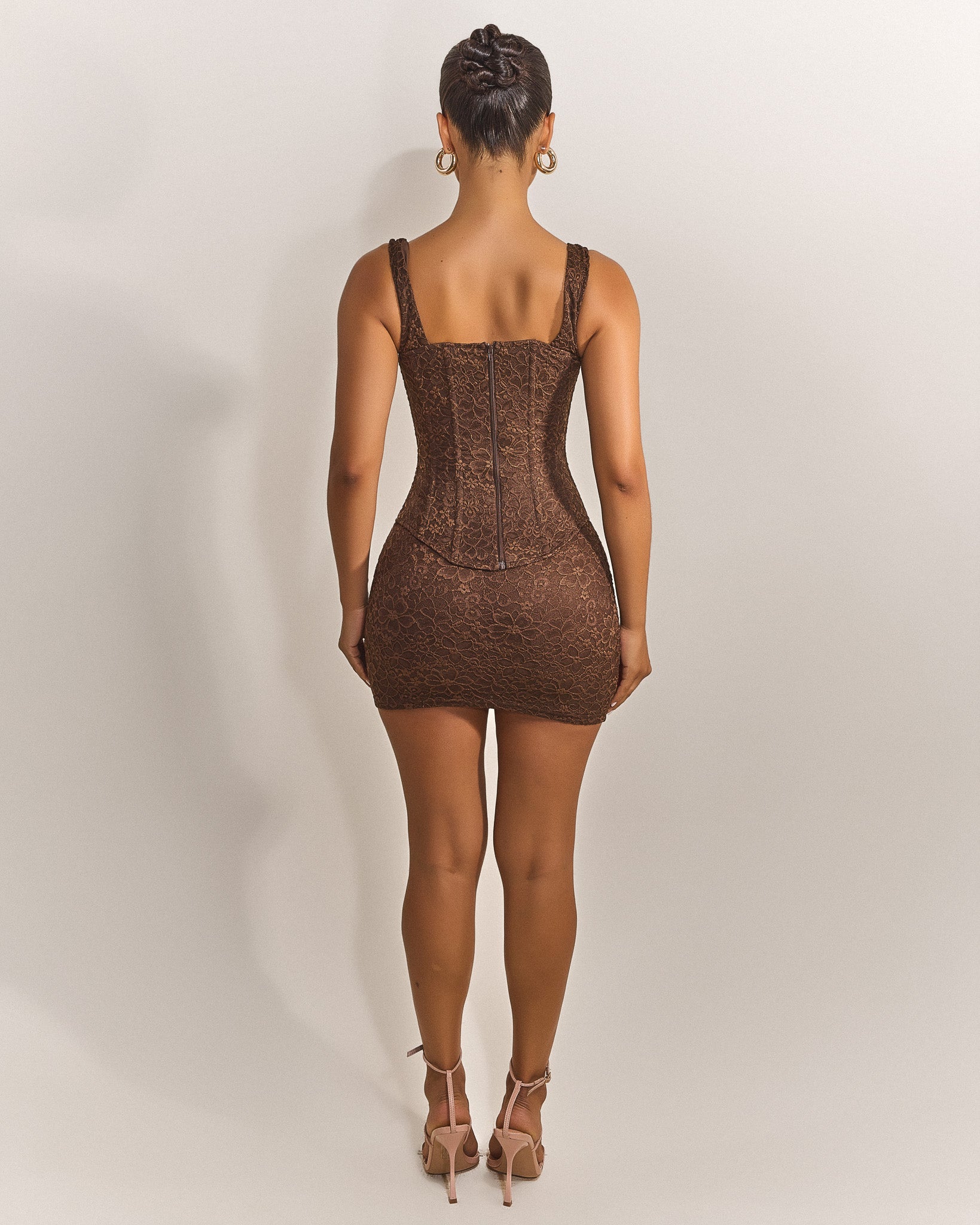 The Cinched Lace Mini Skirt in Brown