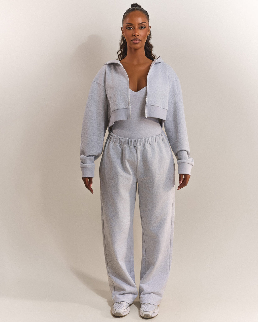 The Basic Crop Zip Hoodie in Grey Marl