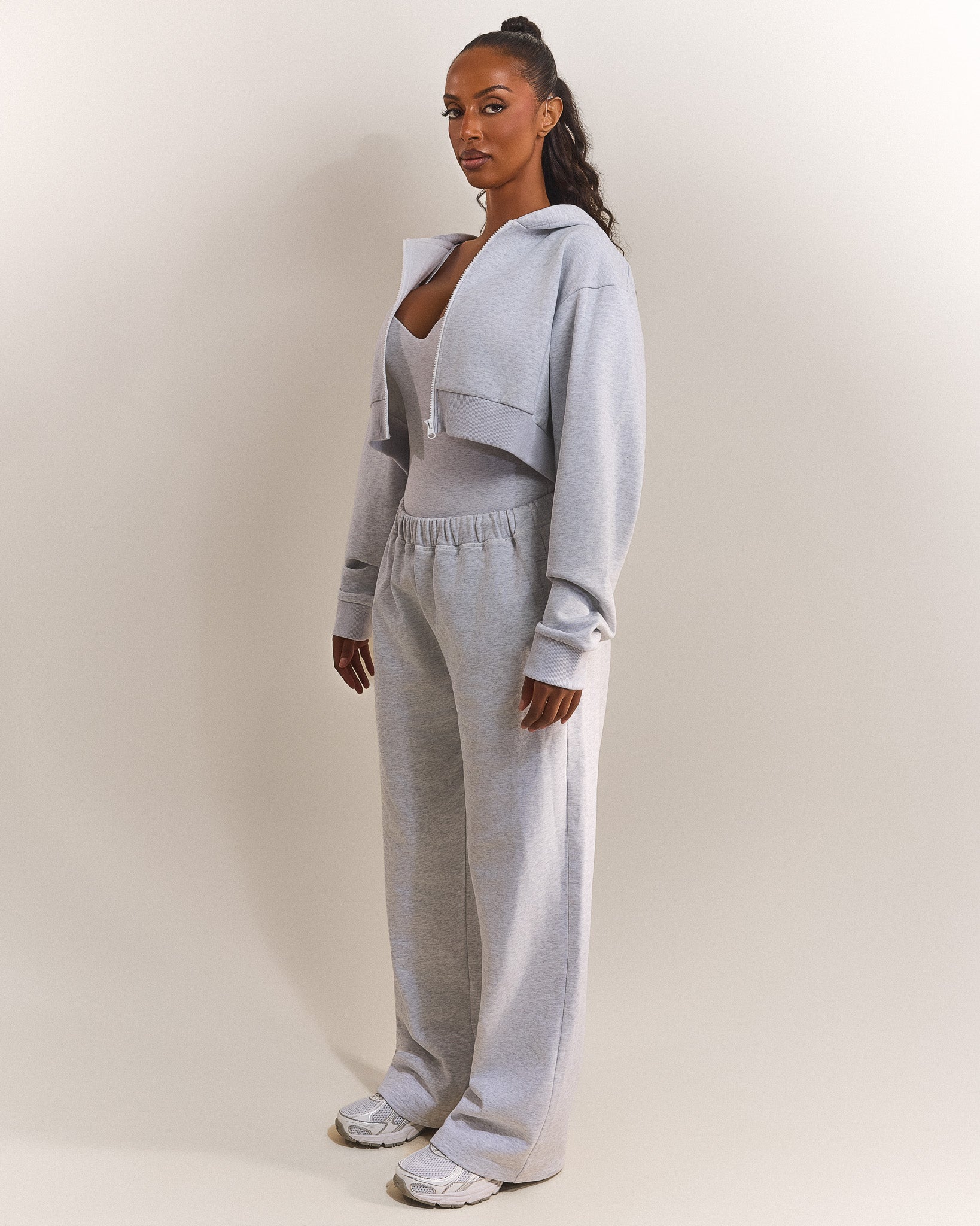 The Basic Crop Zip Hoodie in Grey Marl