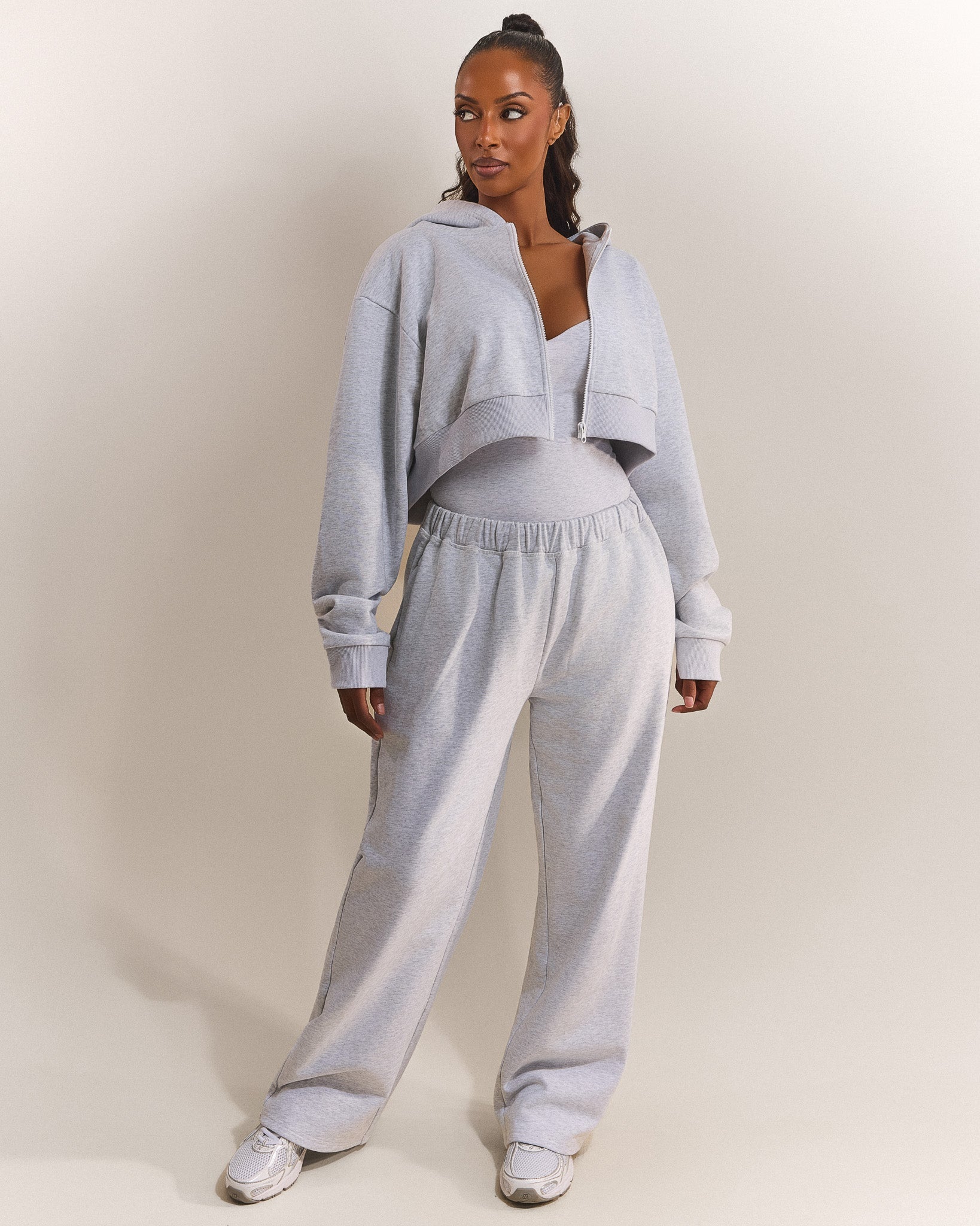 The Basic Crop Zip Hoodie in Grey Marl