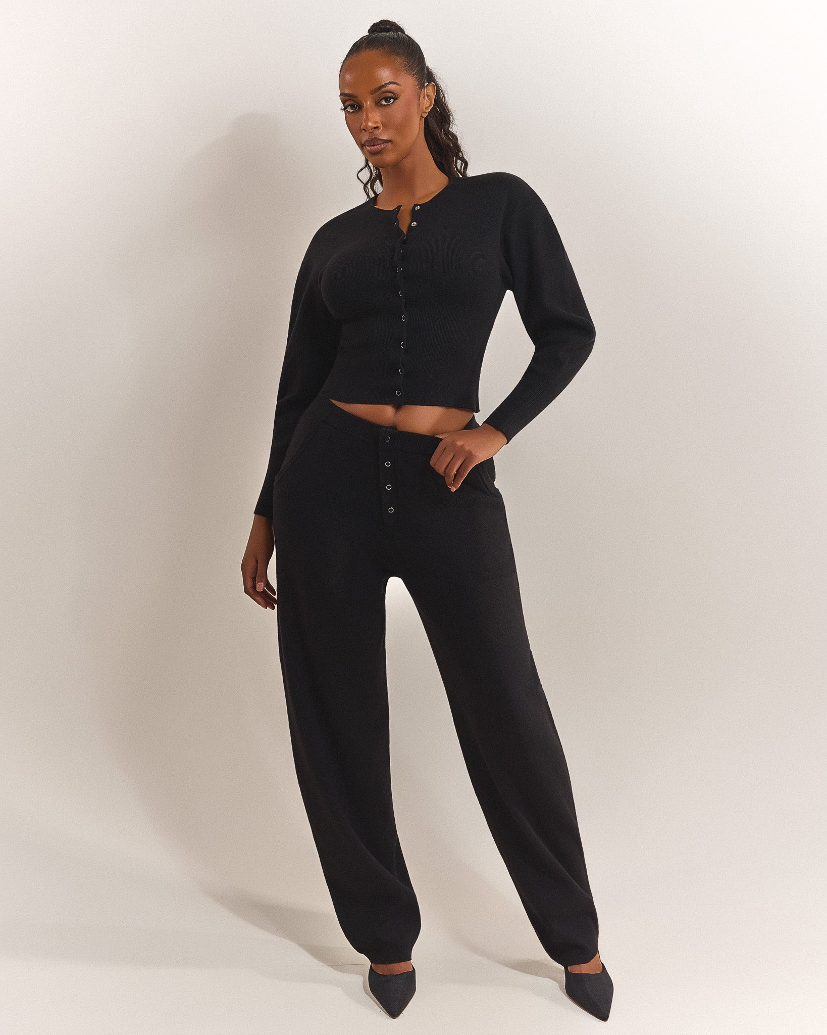 The Knit Button Up Joggers in Black
