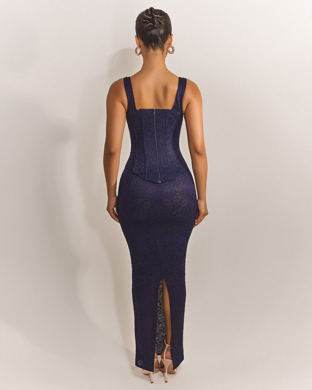 The Cinched Lace Maxi Skirt in Navy