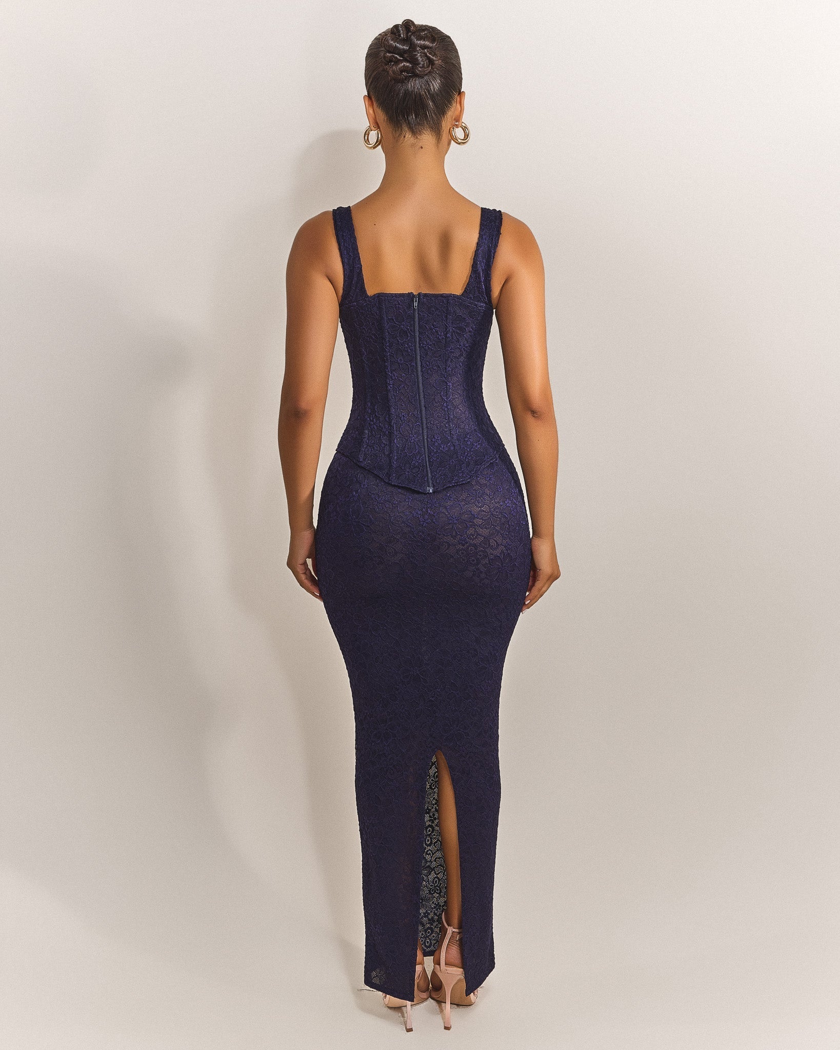 The Cinched Lace Maxi Skirt in Navy